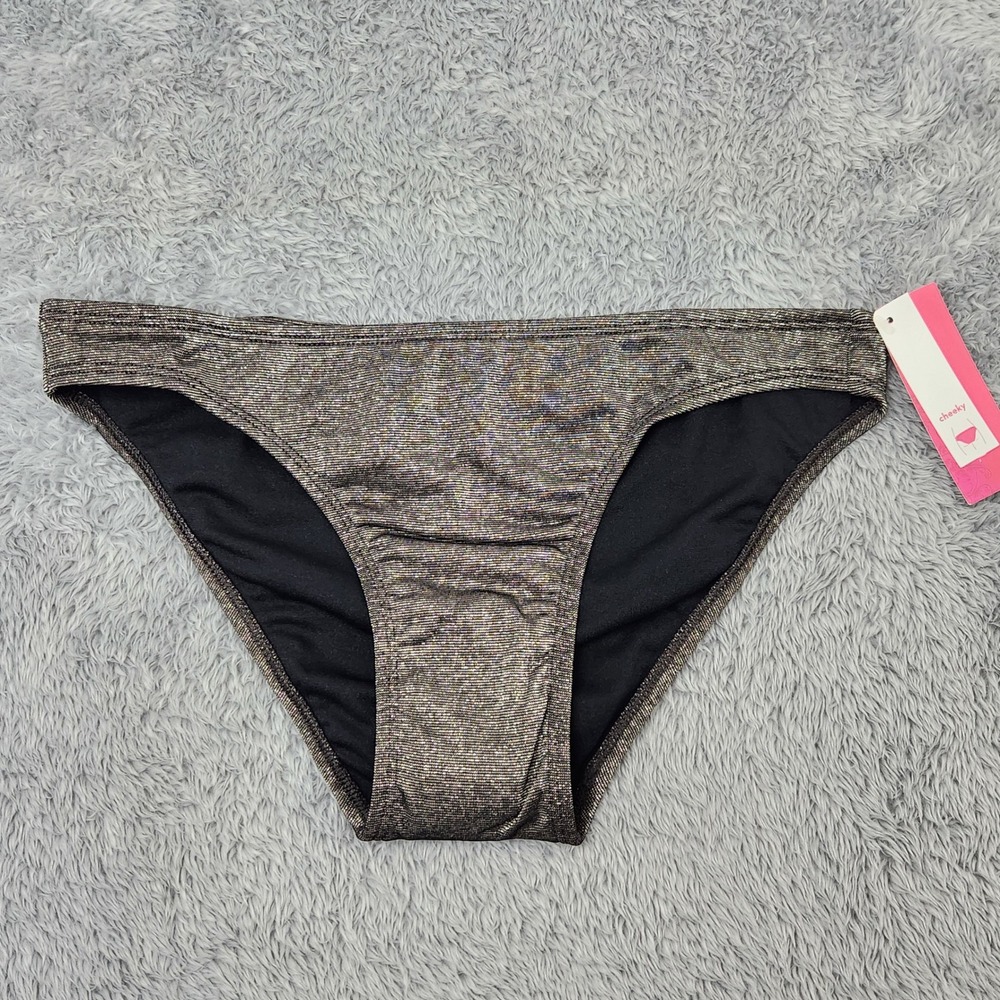 Xhilaration Bikini Bottom Juniors M Black Silver Metallic Cheeky Swimwear AG052B